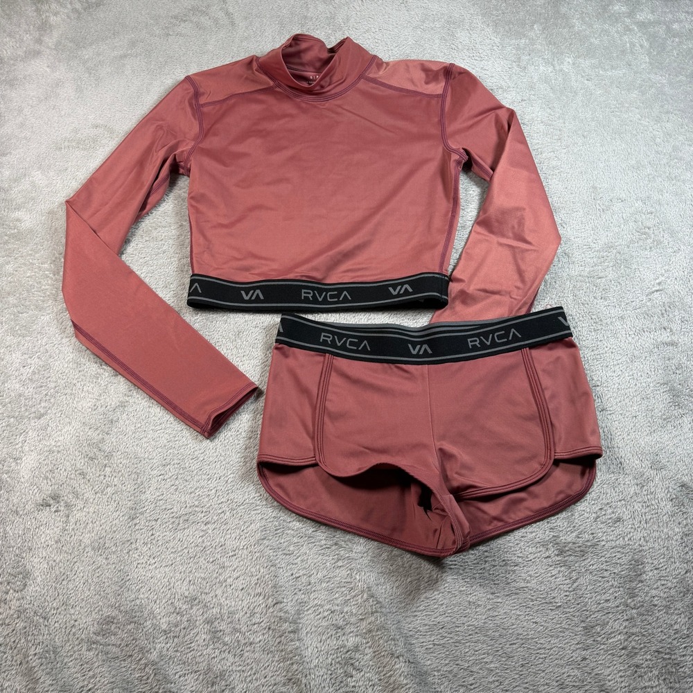 RVCA VA Activewear Set Women Small Dusty Pink Crop Top Brief Swimwear Bikini